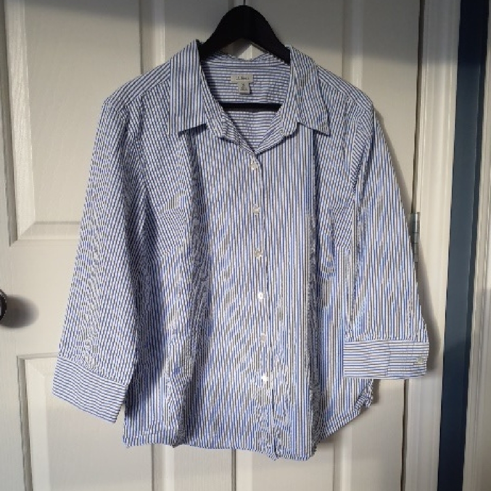 L.L. Bean Blue and White Striped Women's Shirt 3/4 Length Sleeve